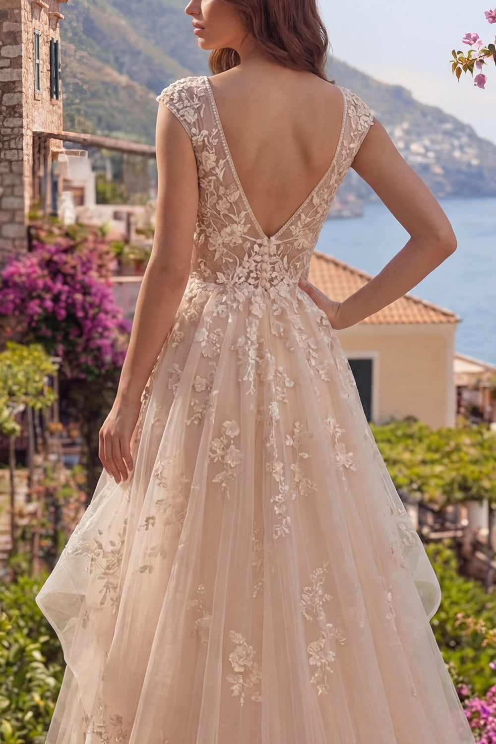 V-Neck Champagne A Line Floral Long Prom Dress with Ruffles