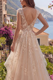 V-Neck Champagne A Line Floral Long Prom Dress with Ruffles