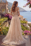 A Line Floral Long Champagne Corset Off the Shoulder Prom Dress