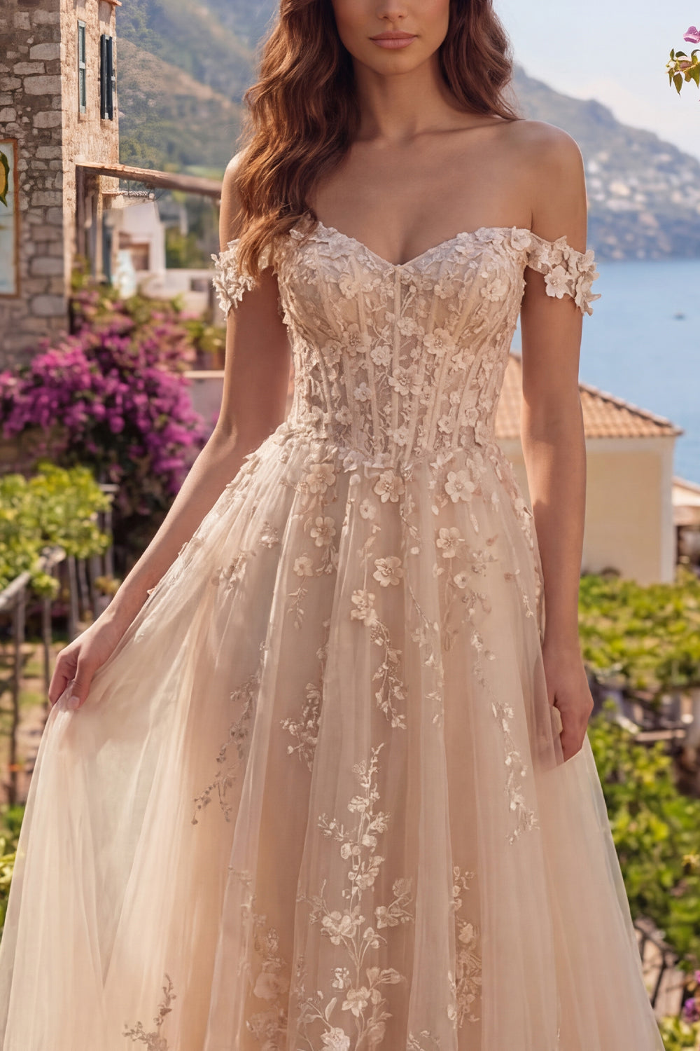 A Line Floral Long Champagne Corset Off the Shoulder Prom Dress