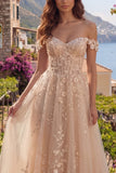 A Line Floral Long Champagne Corset Off the Shoulder Prom Dress