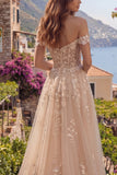 A Line Floral Long Champagne Corset Off the Shoulder Prom Dress