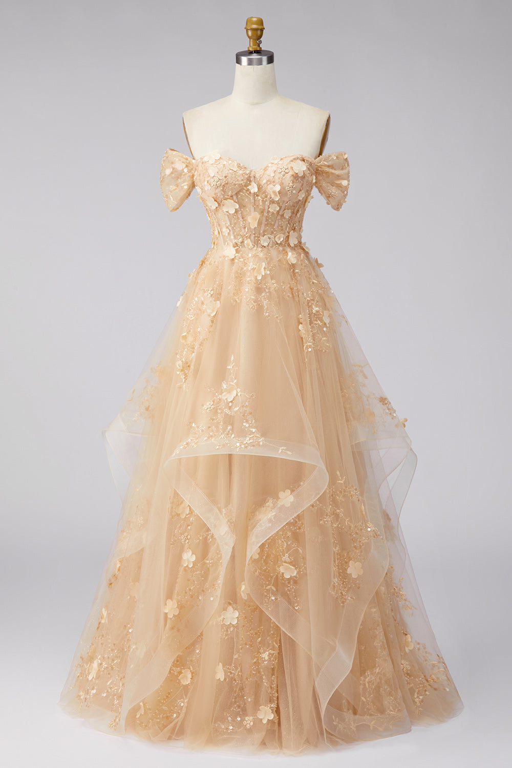 Champagne Off the Shoulder Corset A Line Floral Long Prom Dress with Ruffles