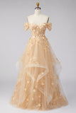 Champagne Off the Shoulder Corset A Line Floral Long Prom Dress with Ruffles