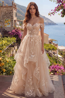 Champagne Off the Shoulder Corset A Line Floral Long Prom Dress with Ruffles