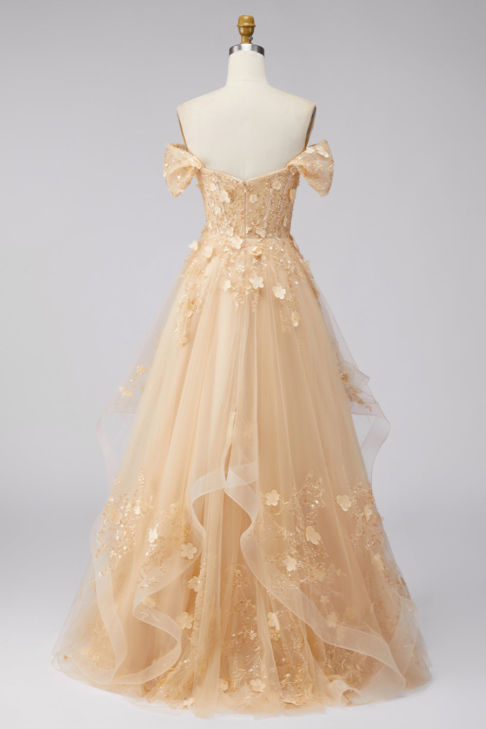 Champagne Off the Shoulder Corset A Line Floral Long Prom Dress with Ruffles