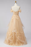 Champagne Off the Shoulder Corset A Line Floral Long Prom Dress with Ruffles