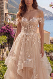 Champagne Off the Shoulder Corset A Line Floral Long Prom Dress with Ruffles