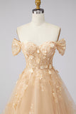 Champagne Off the Shoulder Corset A Line Floral Long Prom Dress with Ruffles
