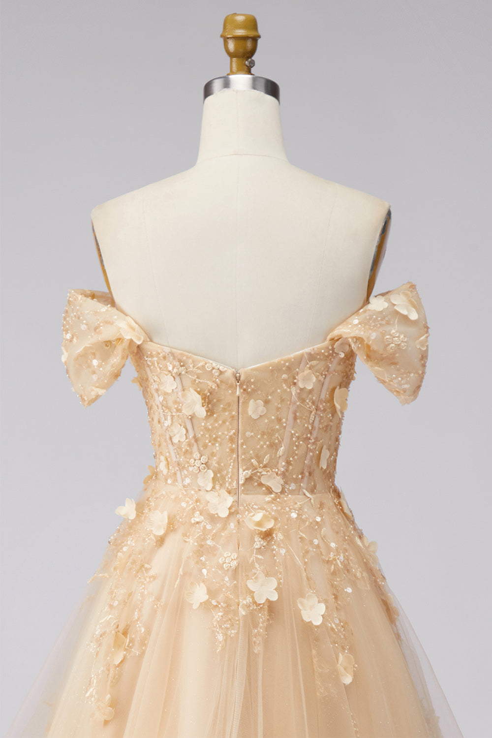 Champagne Off the Shoulder Corset A Line Floral Long Prom Dress with Ruffles