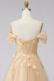 Champagne Off the Shoulder Corset A Line Floral Long Prom Dress with Ruffles