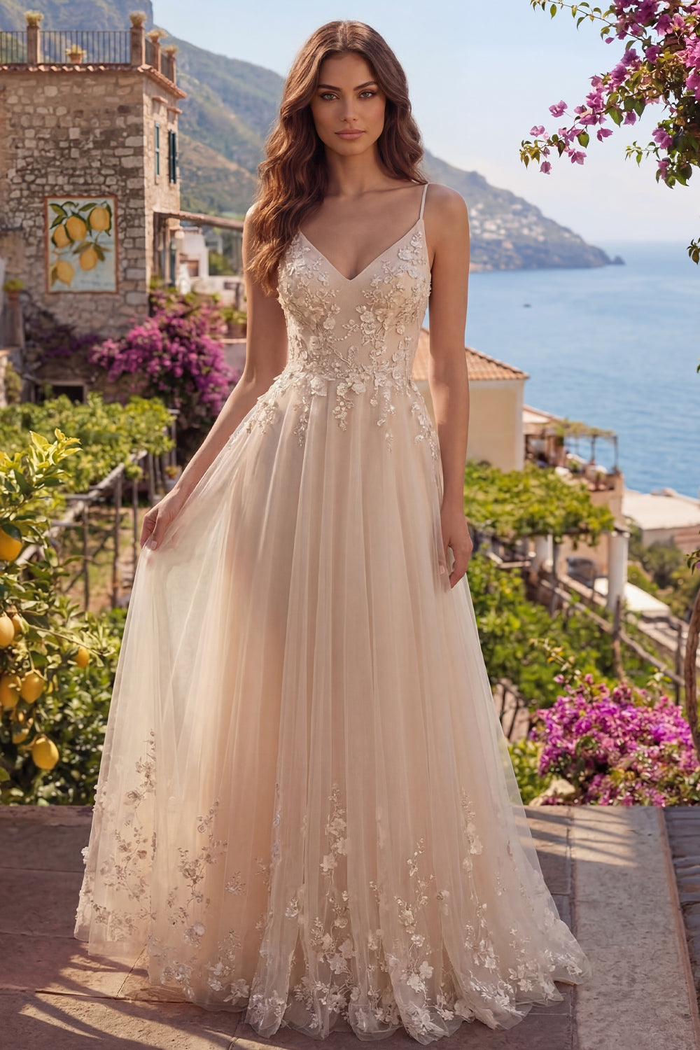Spaghetti Straps Champagne A Line Floral Long Prom Dress