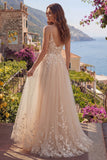 Spaghetti Straps Champagne A Line Floral Long Prom Dress