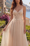 Spaghetti Straps Champagne A Line Floral Long Prom Dress