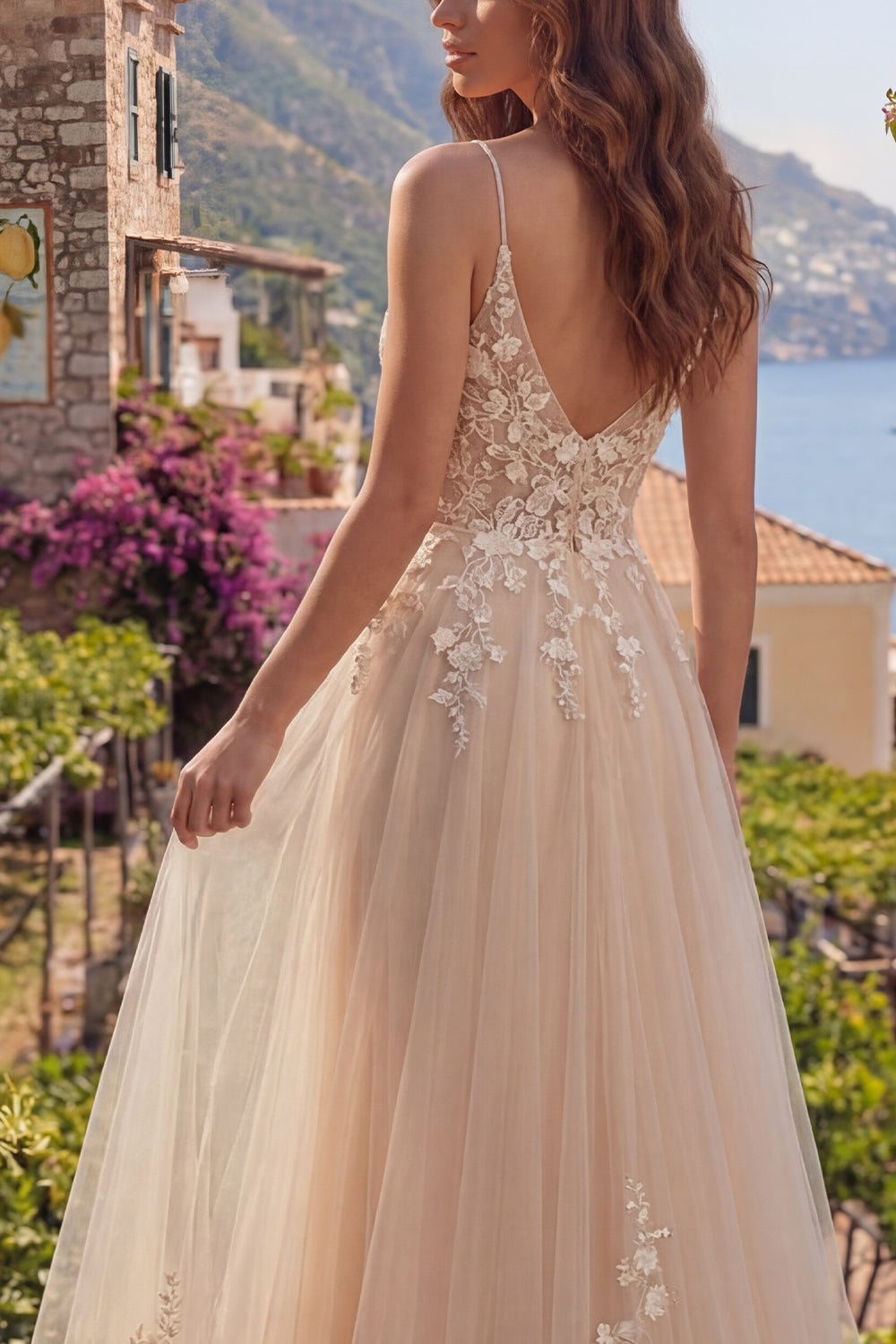 Spaghetti Straps Champagne A Line Floral Long Prom Dress