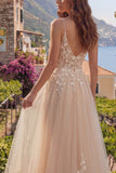Spaghetti Straps Champagne A Line Floral Long Prom Dress