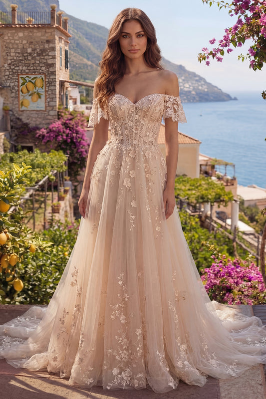Long Champagne Corset A Line Floral Off the Shoulder Prom Dress