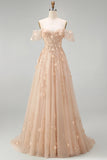 Long Champagne Corset A Line Floral Off the Shoulder Prom Dress