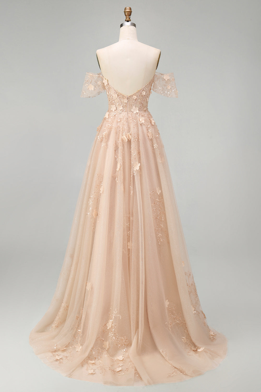 Long Champagne Corset A Line Floral Off the Shoulder Prom Dress