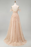 Long Champagne Corset A Line Floral Off the Shoulder Prom Dress