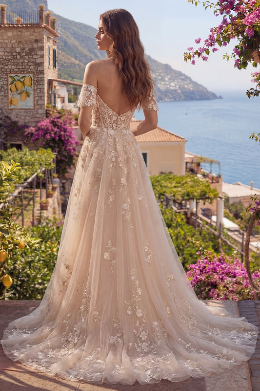 Long Champagne Corset A Line Floral Off the Shoulder Prom Dress