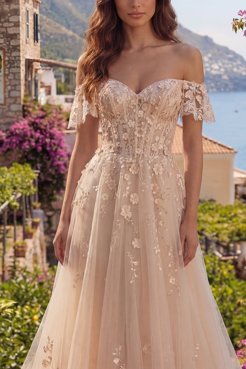Long Champagne Corset A Line Floral Off the Shoulder Prom Dress