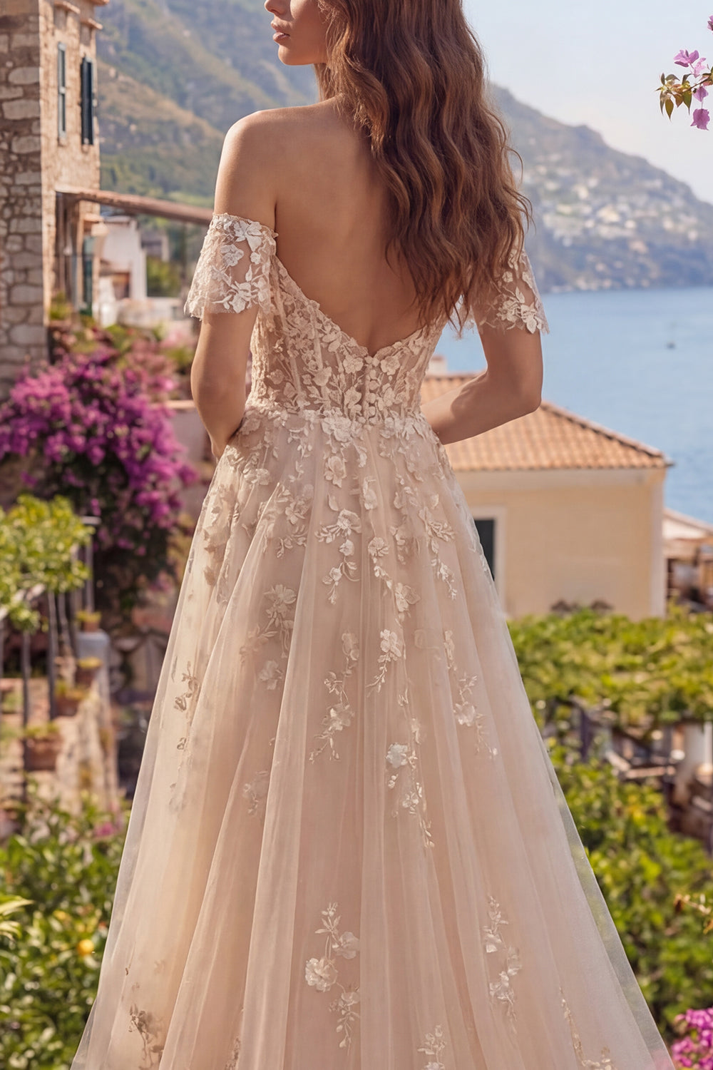 Long Champagne Corset A Line Floral Off the Shoulder Prom Dress