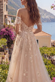 Long Champagne Corset A Line Floral Off the Shoulder Prom Dress