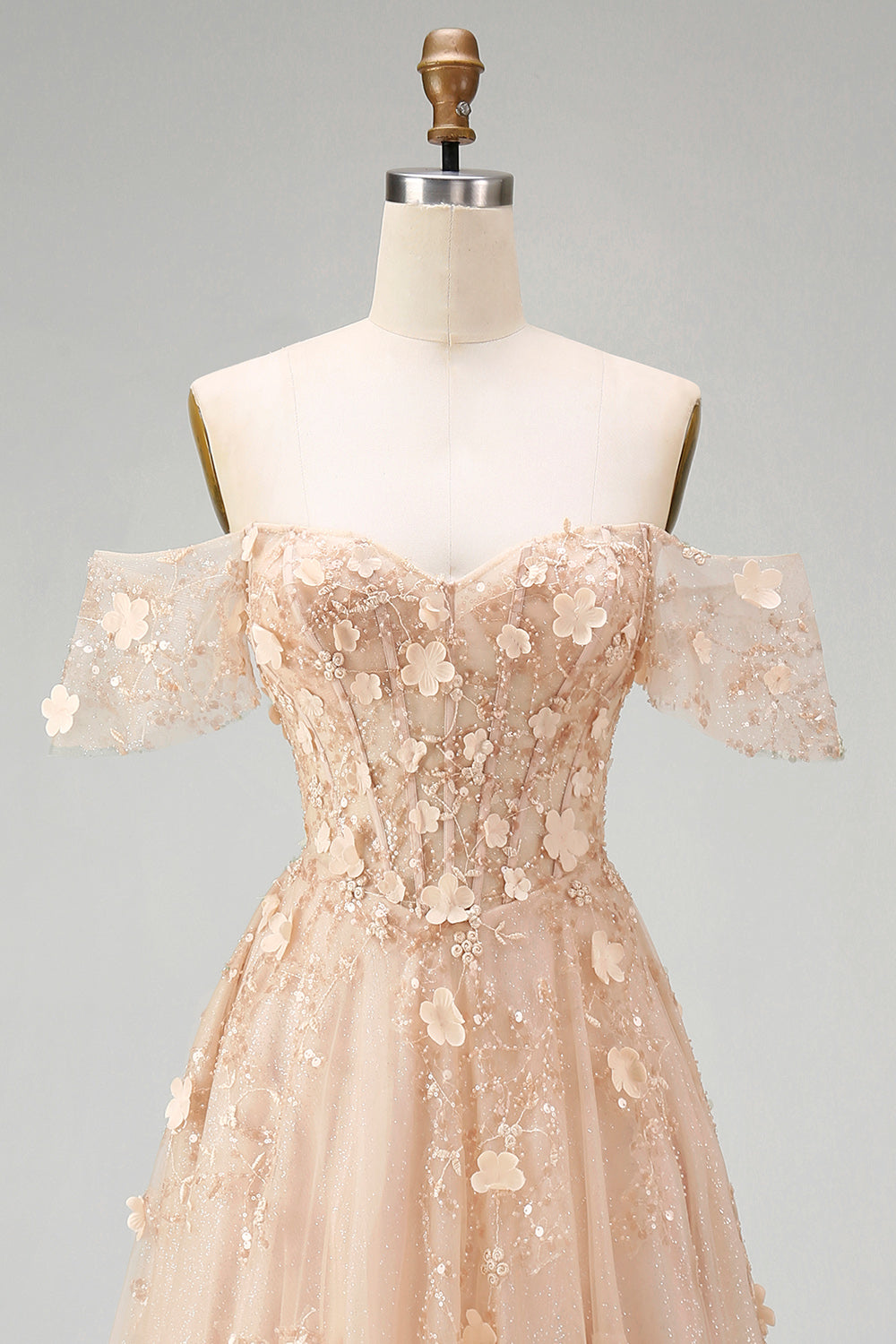 Long Champagne Corset A Line Floral Off the Shoulder Prom Dress
