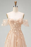 Long Champagne Corset A Line Floral Off the Shoulder Prom Dress