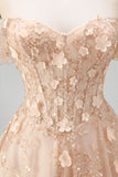 Long Champagne Corset A Line Floral Off the Shoulder Prom Dress