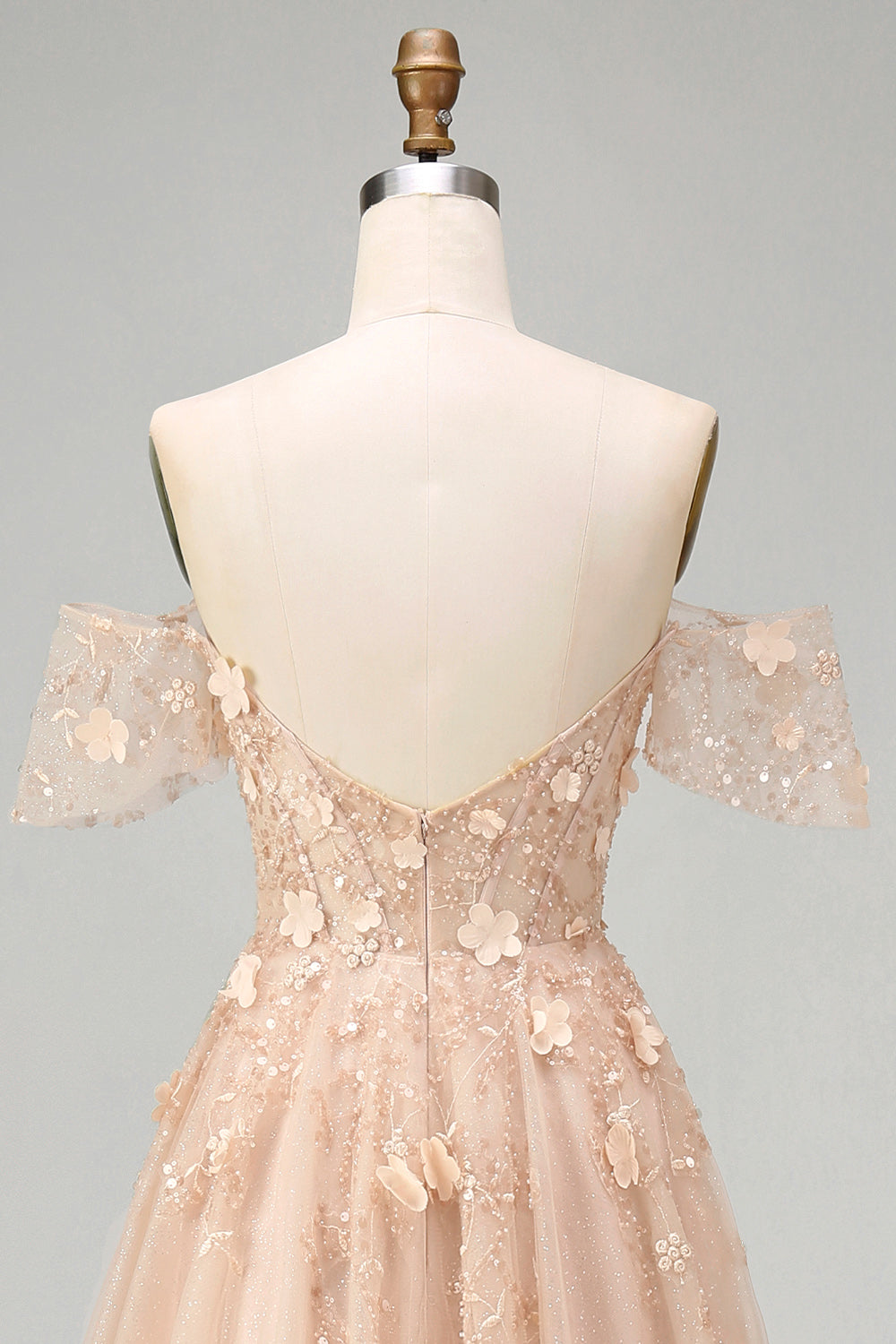 Long Champagne Corset A Line Floral Off the Shoulder Prom Dress
