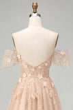 Long Champagne Corset A Line Floral Off the Shoulder Prom Dress
