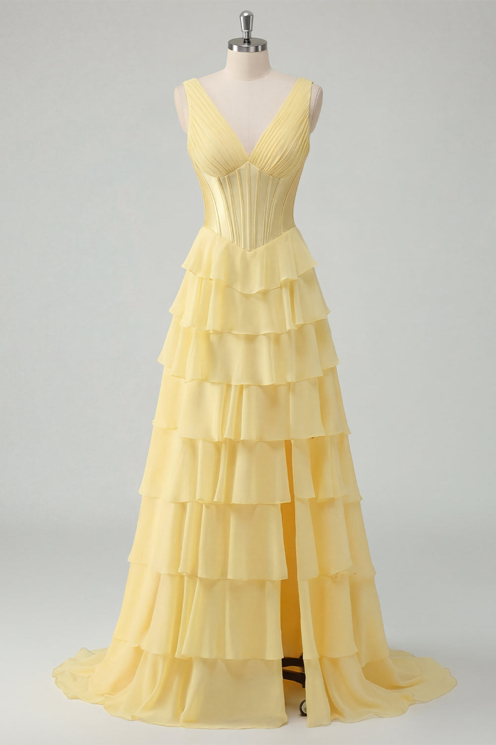 A Line Butter Yellow Ruffled Corset V-Neck Prom Dress with Slit