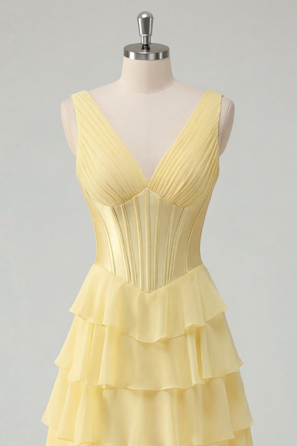 A Line Butter Yellow Ruffled Corset V-Neck Prom Dress with Slit