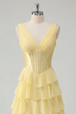 A Line Butter Yellow Ruffled Corset V-Neck Prom Dress with Slit