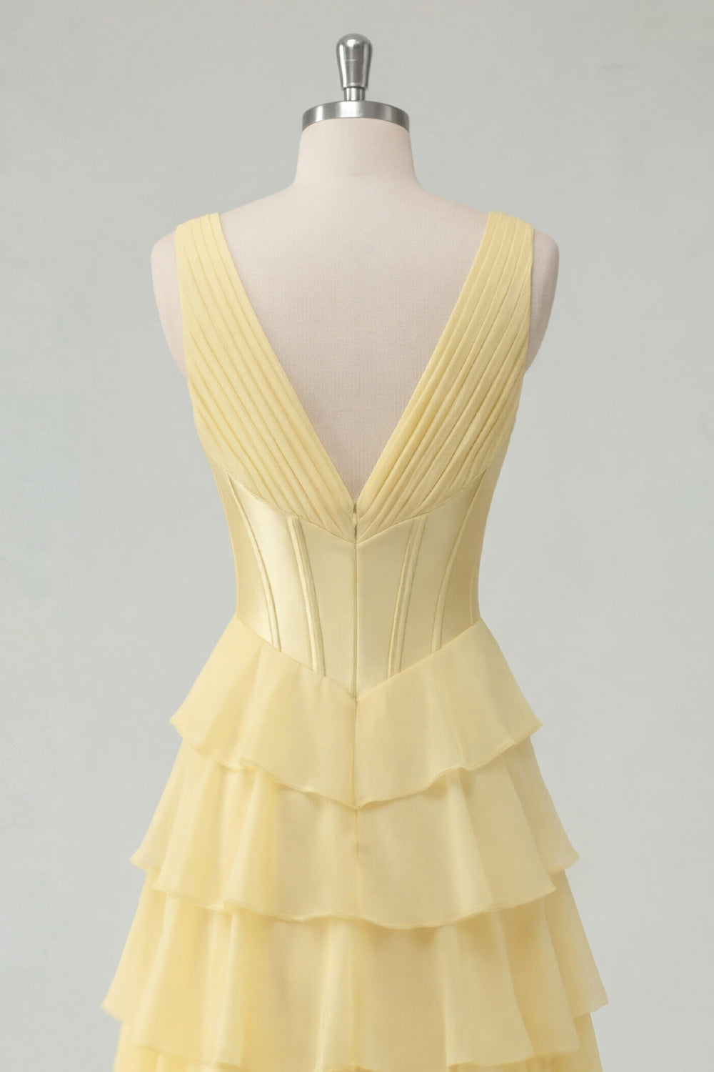 A Line Butter Yellow Ruffled Corset V-Neck Prom Dress with Slit