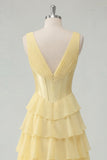 A Line Butter Yellow Ruffled Corset V-Neck Prom Dress with Slit