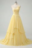 One Shoulder Ruched A Line Butter Yellow Ruffled Prom Dress with Lace