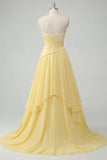 One Shoulder Ruched A Line Butter Yellow Ruffled Prom Dress with Lace