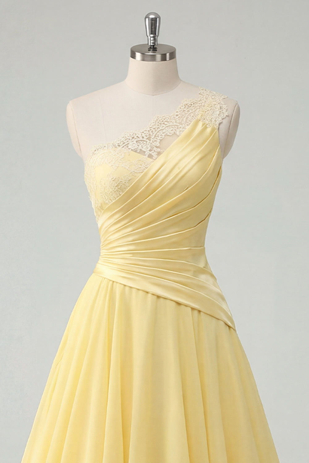 One Shoulder Ruched A Line Butter Yellow Ruffled Prom Dress with Lace