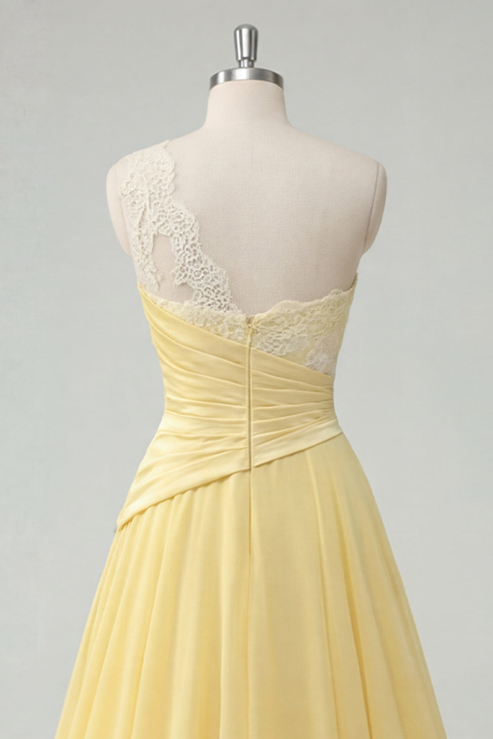 One Shoulder Ruched A Line Butter Yellow Ruffled Prom Dress with Lace