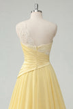 One Shoulder Ruched A Line Butter Yellow Ruffled Prom Dress with Lace