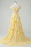 Off the Shoulder A Line Butter Yellow Ruffled Prom Dress with Slit