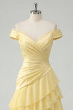 Off the Shoulder A Line Butter Yellow Ruffled Prom Dress with Slit