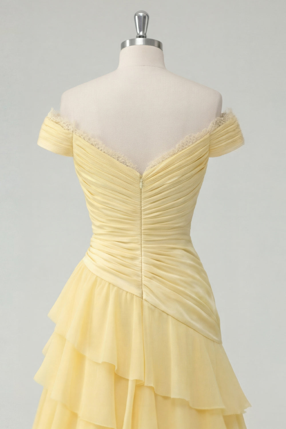 Off the Shoulder A Line Butter Yellow Ruffled Prom Dress with Slit