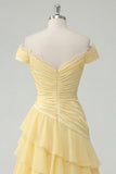 Off the Shoulder A Line Butter Yellow Ruffled Prom Dress with Slit