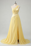 Ruched A Line Butter Yellow One Shoulder Prom Dress with Lace