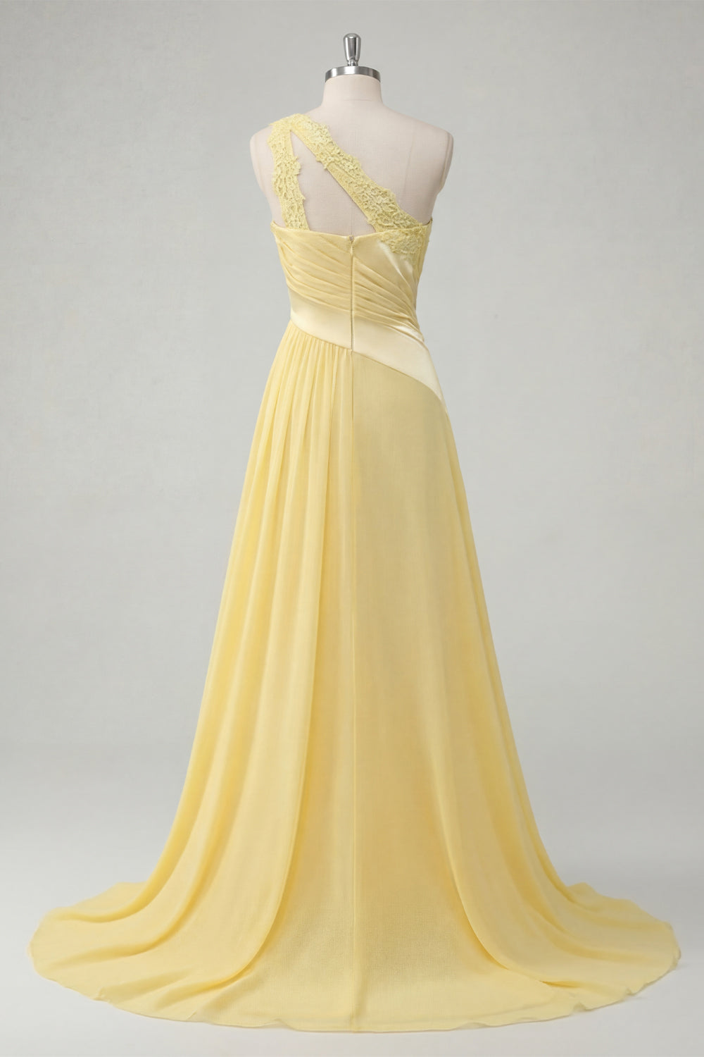 Ruched A Line Butter Yellow One Shoulder Prom Dress with Lace