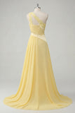Ruched A Line Butter Yellow One Shoulder Prom Dress with Lace